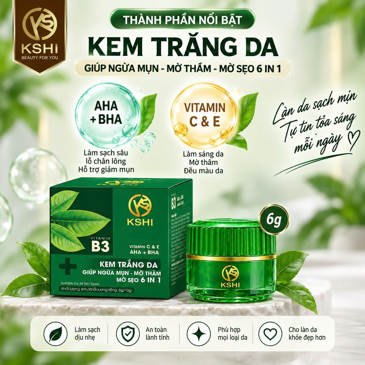 Kem Dưỡng Trắng Da, Ngừa Mụn 6 in 1 KSHI Vitamin B3 (6g)